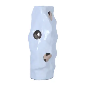14" White and Gold Polka Dots Wavy Ceramic Table Vase