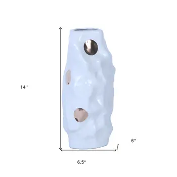 14" White and Gold Polka Dots Wavy Ceramic Table Vase