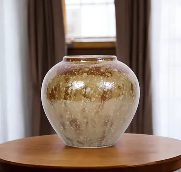 9" Beige and Brown Abstract Oval Ceramic Table Vase