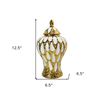13" White and Gold Abstract Urn Ceramic Ginger Jar