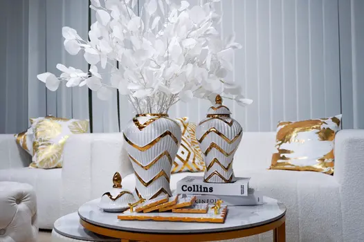 13" White and Gold Chevron Urn Ceramic Ginger Jar