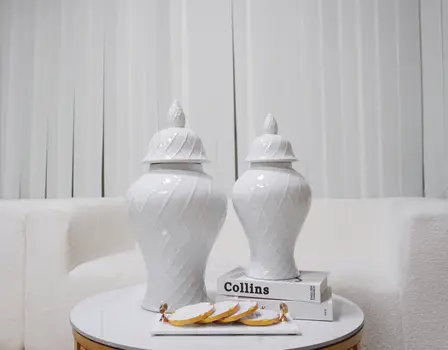 21" White Geometric Urn Ceramic Ginger Jar