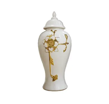 24" White and Gold Floral Urn Ceramic Ginger Jar With Sculptural Details
