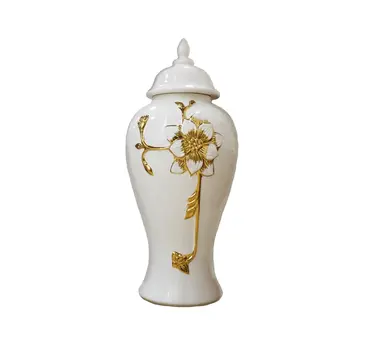 24" White and Gold Floral Urn Ceramic Ginger Jar With Sculptural Details