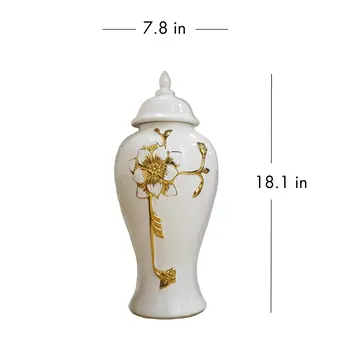 18" White And Gold Floral Urn Ceramic Ginger Jar With Sculptural Details