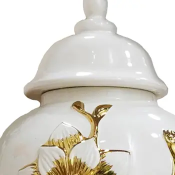 18" White And Gold Floral Urn Ceramic Ginger Jar With Sculptural Details