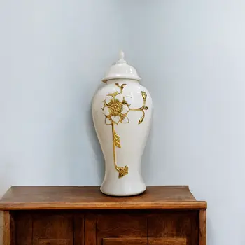 18" White And Gold Floral Urn Ceramic Ginger Jar With Sculptural Details