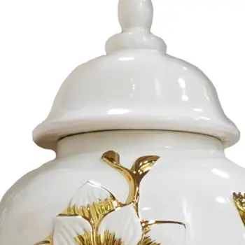 14" White and Gold Floral Urn Ceramic Ginger Jar With Sculptural Details