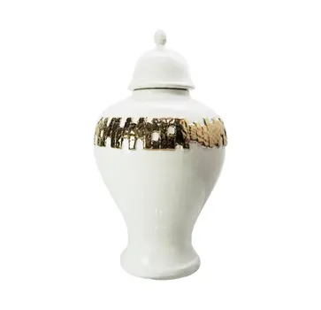 22" White and Gold Abstract Urn Ceramic Ginger Jar