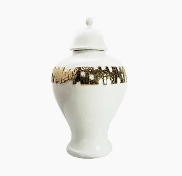 22" White and Gold Abstract Urn Ceramic Ginger Jar
