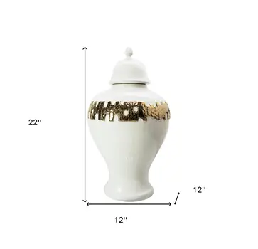 22" White and Gold Abstract Urn Ceramic Ginger Jar