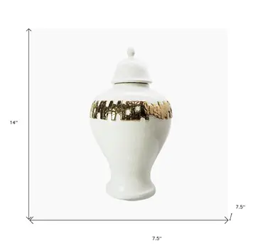 14" White and Gold Abstract Urn Ceramic Ginger Jar