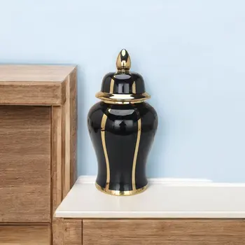 14" Black And Gold Striped Urn Ceramic Ginger Jar
