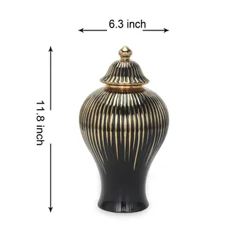 12" Black and Gold Striped Urn Ceramic Ginger Jar