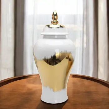 25" White and Gold Abstract Urn Ceramic Ginger Jar