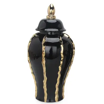 19" Black and Gold Striped Urn Ceramic Ginger Jar