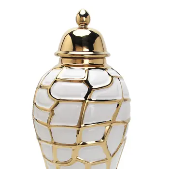 16" White and Gold Abstract Urn Ceramic Ginger Jar