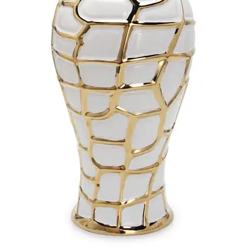 20" White and Gold Abstract Urn Ceramic Ginger Jar