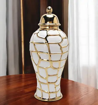 20" White and Gold Abstract Urn Ceramic Ginger Jar