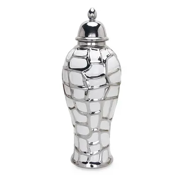 13" White and Silver Abstract Urn Ceramic Ginger Jar