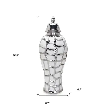 13" White and Silver Abstract Urn Ceramic Ginger Jar