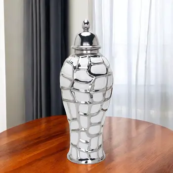 13" White and Silver Abstract Urn Ceramic Ginger Jar