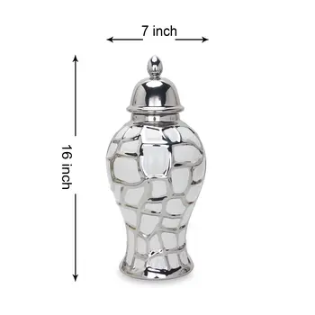 16" White and Silver Abstract Urn Ceramic Ginger Jar