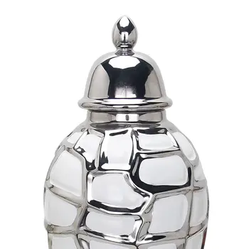 16" White and Silver Abstract Urn Ceramic Ginger Jar