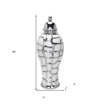 16" White and Silver Abstract Urn Ceramic Ginger Jar