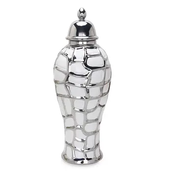 20" White And Silver White Abstract Geo Urn Ceramic Ginger Jar