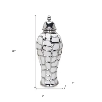 20" White And Silver White Abstract Geo Urn Ceramic Ginger Jar