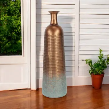 28" Copper And Teal Abstract Tapered Metal Floor Vase