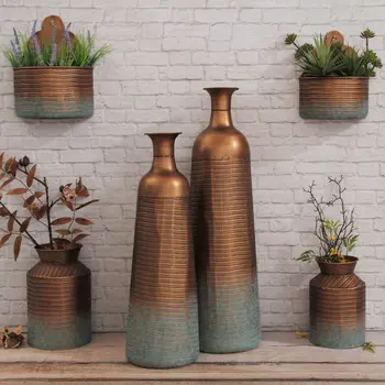 24" Copper And Teal Abstract Tapered Metal Table Vase