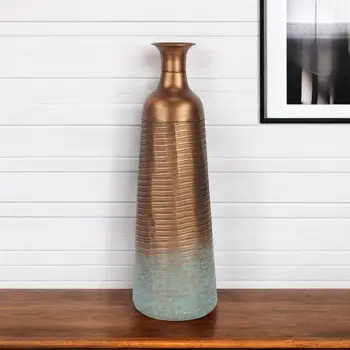 24" Copper And Teal Abstract Tapered Metal Table Vase