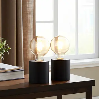 Set of Two 7" Black Metal Lantern Bedside Lamp LED With Clear Novelty Shade