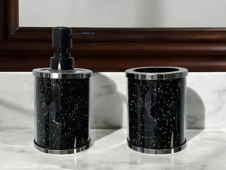 Two Piece Black Glass Bling Bathroom Accessory Set