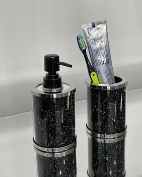 Two Piece Black Glass Bling Bathroom Accessory Set