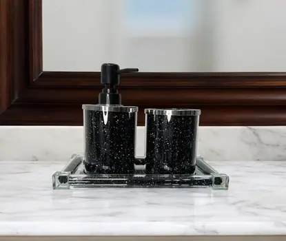 Three Piece Black Silver and Clear Glass Bling Bathroom Accessory Set