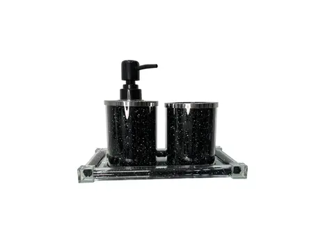 Three Piece Black Silver and Clear Glass Bling Bathroom Accessory Set