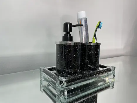 Three Piece Black Silver and Clear Glass Bling Bathroom Accessory Set