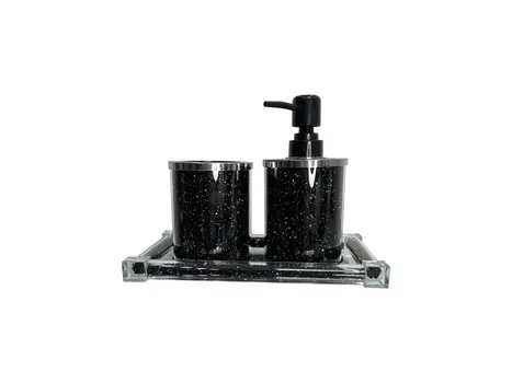 Three Piece Black Silver and Clear Glass Bling Bathroom Accessory Set