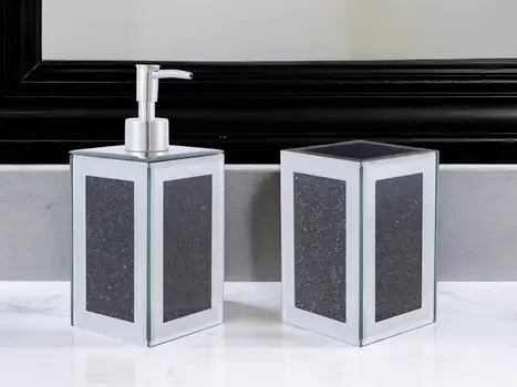 Two Piece Black Mirrored Glass Bling Bathroom Accessory Set