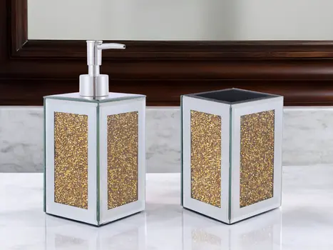 Two Piece Gold And Mirrored Glass Bling Bathroom Accessory Set