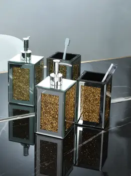 Two Piece Gold And Mirrored Glass Bling Bathroom Accessory Set