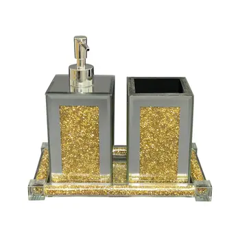 Three Piece Clear and Gold Mirrored Glass Bling Bathroom Accessory Set