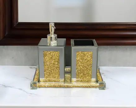 Three Piece Clear and Gold Mirrored Glass Bling Bathroom Accessory Set