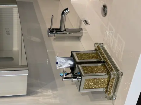 Three Piece Clear and Gold Mirrored Glass Bling Bathroom Accessory Set