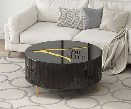 40" Black and Gold Mirrored Glass Round Coffee Table