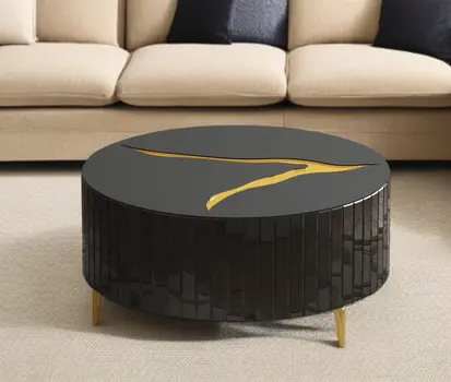 40" Black and Gold Mirrored Glass Round Coffee Table