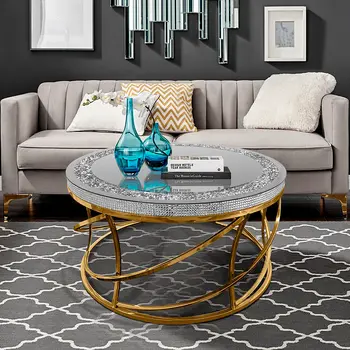 36" Silver and Gold Mirrored Glass Faux Crystal and Stainless Steel Round Frame Coffee Table